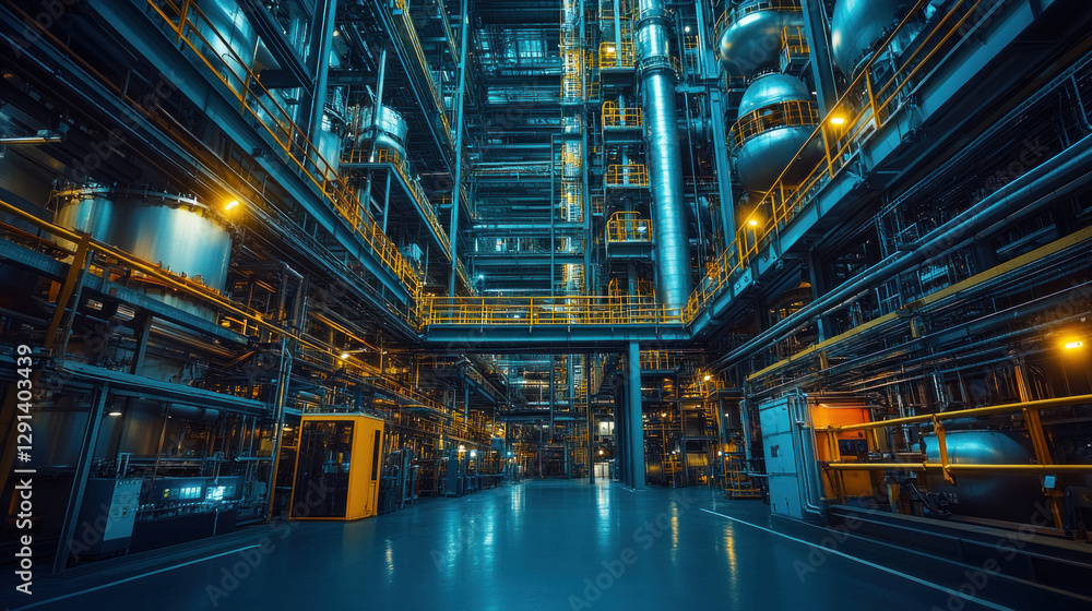 Multi-level factory building with an intricate steel framework, massive ventilation systems, and industrial scaffolding Multi-level factory building with an intricate steel framework, massive ventilation systems, and industrial scaffolding
