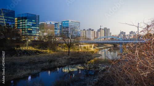 Transition from day to night on a cold winter day, Pangyo Techno Valley, South Korea