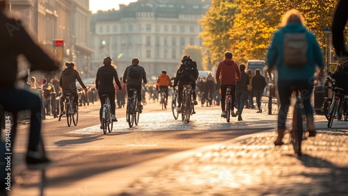 a pedestrian-friendly city with dedicated cycling lanes, well-maintained sidewalks, and people using shared bikes and e-scooters. The scene highlights eco-friendly commuting and smart urban planning.