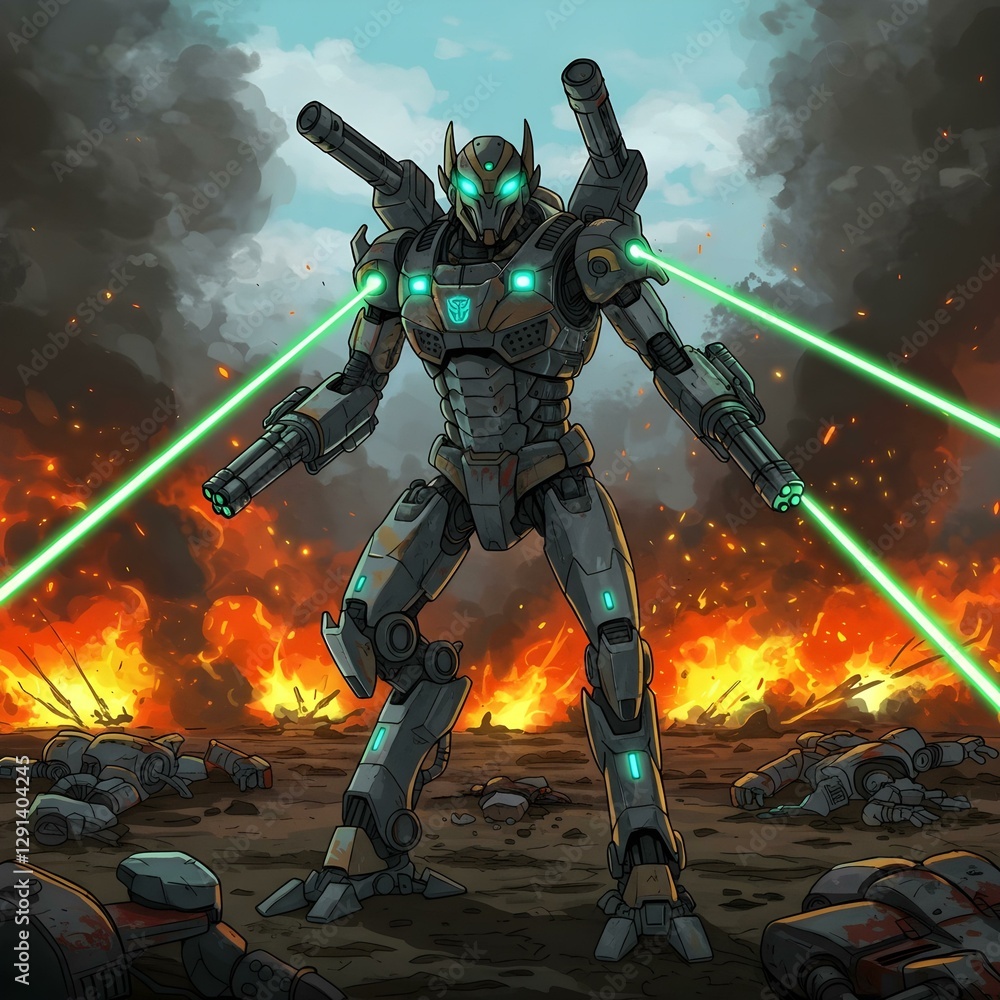 Fototapeta premium Advanced Robot Warrior Fighting in a Fiery Battlefiel