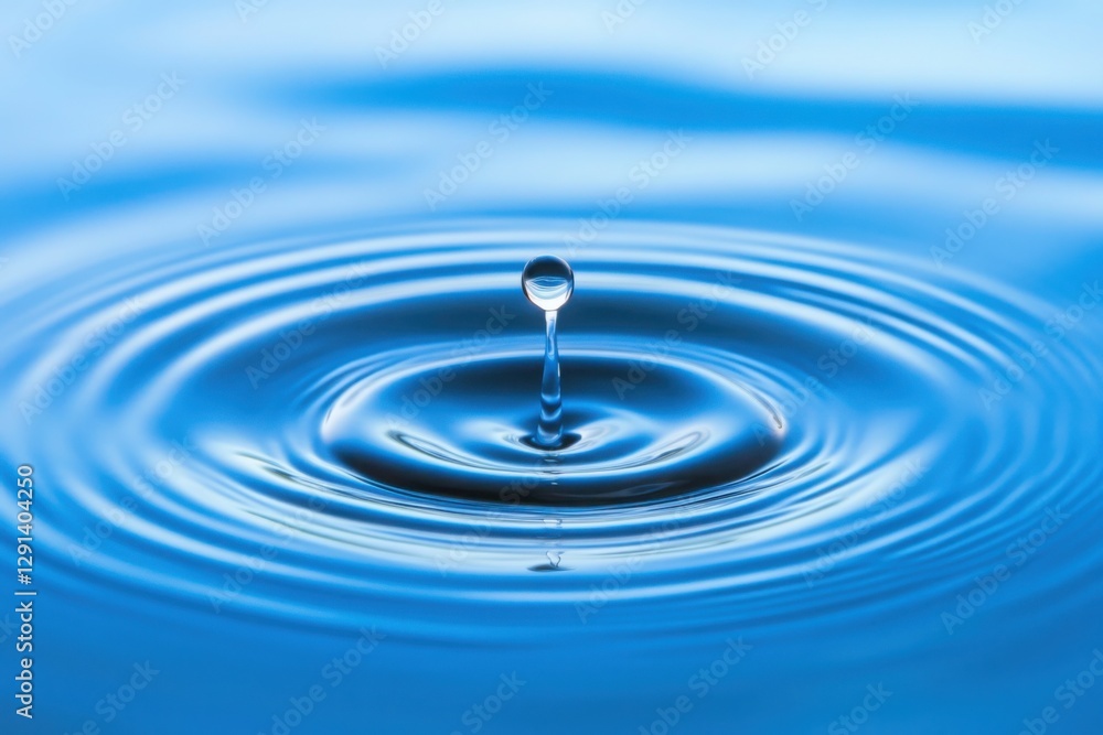 Water droplet captured in mid-air as it creates ripples on a calm blue surface, symbolizing purity, tranquility, and nature Water droplet captured in mid-air as it creates ripples on a calm blue surface, symbolizing purity, tranquility, and nature