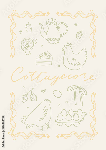 Cute spring hand drawn cottagecore card. Countryside aesthetic poster in whimsical line art style. Chicken, eggs, ribbon, strawberry, tea, cake, farm. A4 vertical printable, vector background