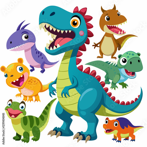 Cartoon dinosaurs collection set. set of adorable cartoon-style dinosaur illustrations featuring various species, Velociraptor, Triceratops, Stegosaurus Vector illustration