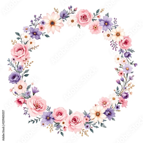 Elegant Floral Wreath with Roses and Lavender Daisies for Invitations or Decorative Design Elements