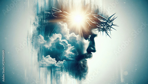 double exposure of the face of Jesus in the crown of thorns and the glowing sun in the clouds