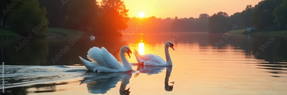 Naklejka premium Graceful white swans gliding on calm lake water at sunset, elegant, beauty, nature photography