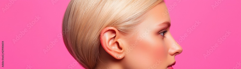 Fashion portrait of a young woman with blonde hair against a vibrant pink background Fashion portrait of a young woman with blonde hair against a vibrant pink background