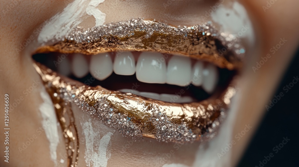 Obraz premium A close-up portrayal of lavish lips adorned with shimmering gold and white accents, conveying messages of luxury, beauty, and extravagance in a visually striking manner.