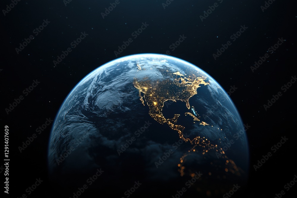 Obraz premium A stunning view of Earth from space, showcasing illuminated continents against a dark backdrop, highlighting the beauty of our planet.