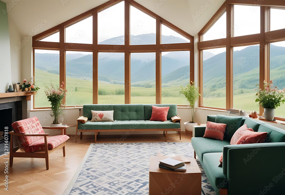 Fototapeta premium A cozy modern living room with a beautiful mountain view