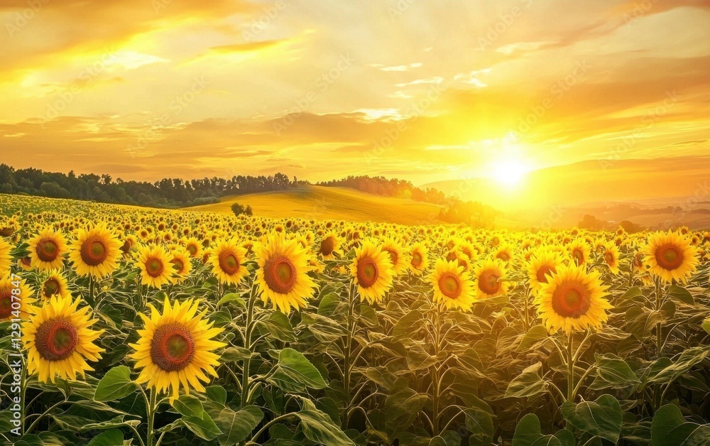 Fototapeta premium Bright sunflower-covered hillside under a golden sky