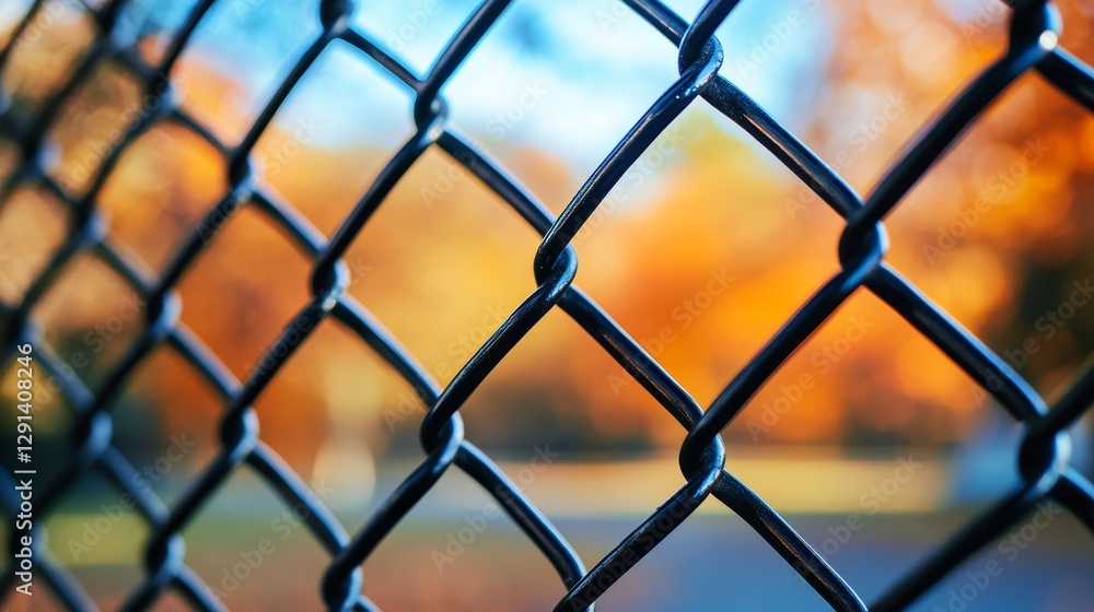 Close up of black chain link fence against blue background with blurry autumn forest in distance Close up of black chain link fence against blue background with blurry autumn forest in distance