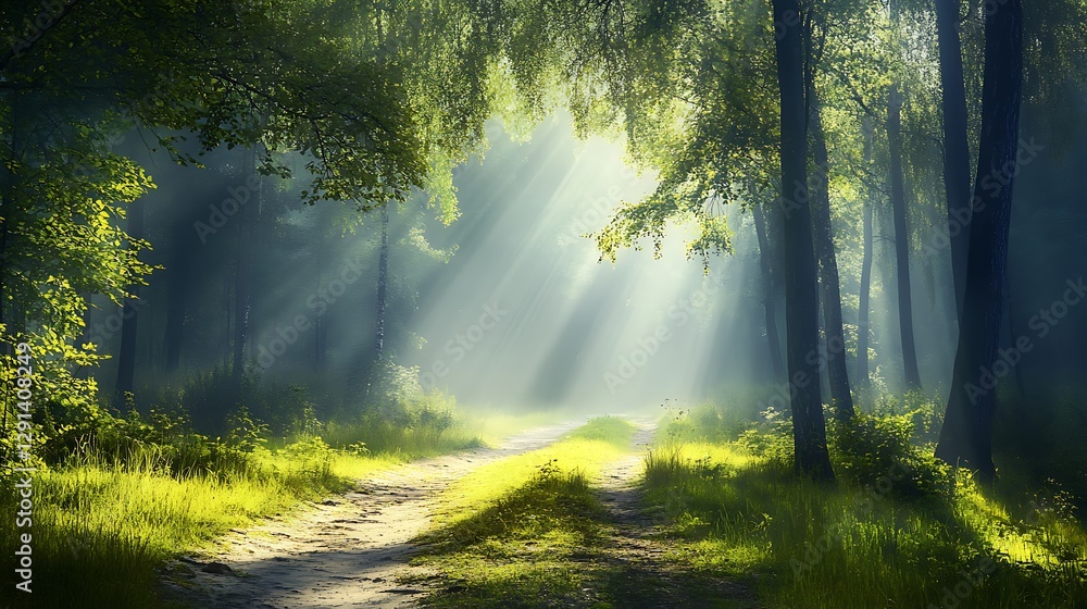 Fototapeta premium Sunlit Forest Path With Rays Of Light Streaming Through Trees