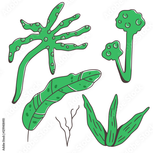 Hand-drawn vector set of cute sea plants and algae in green tones. Cartoon-style marine elements with playful shapes. Great for underwater-themed designs and ocean clipart collections.