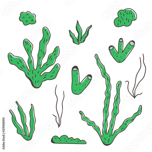 Collection of cute hand-drawn sea plants and seaweed in playful shapes. Cartoon vector illustration in green tones. Perfect for underwater themes and ocean clipart sets.