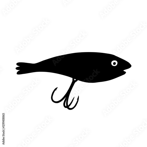 Fishing Lure Black Silhouette Element. Fish Hook Bait. Doodle Vector Illustration