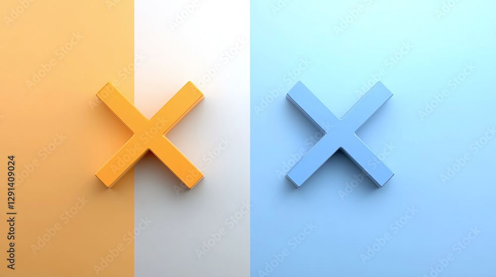 Obraz premium Abstract X marks in orange and blue stand out against a tri-color background, evoking a sense of contrast and balance in a minimalist style.