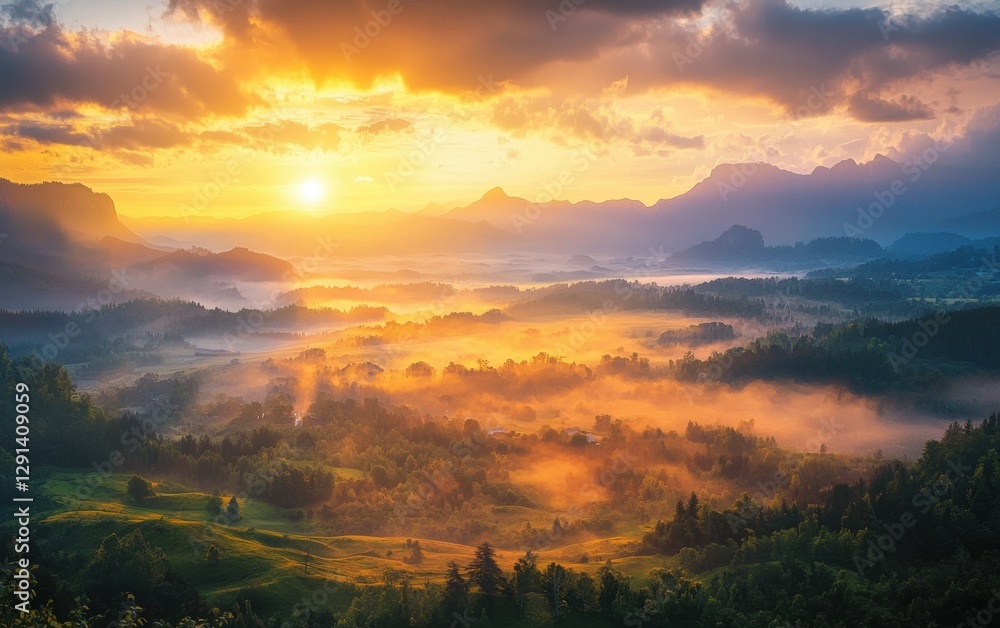 Fototapeta premium Dreamy sunrise over a foggy summer valley