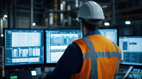 A worker in a safety vest and helmet monitors data on multiple screens in a high-tech industrial setting.