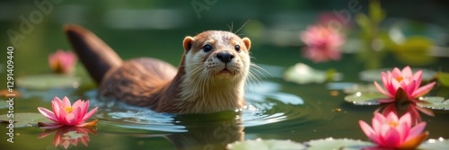 Playful otter swimming amidst vibrant water lilies , cute, animal photography, pattern photo