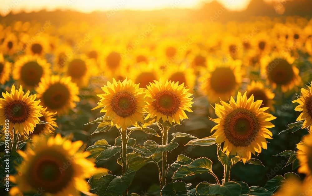 Fototapeta premium Endless sunflower fields bathed in warm golden sunlight