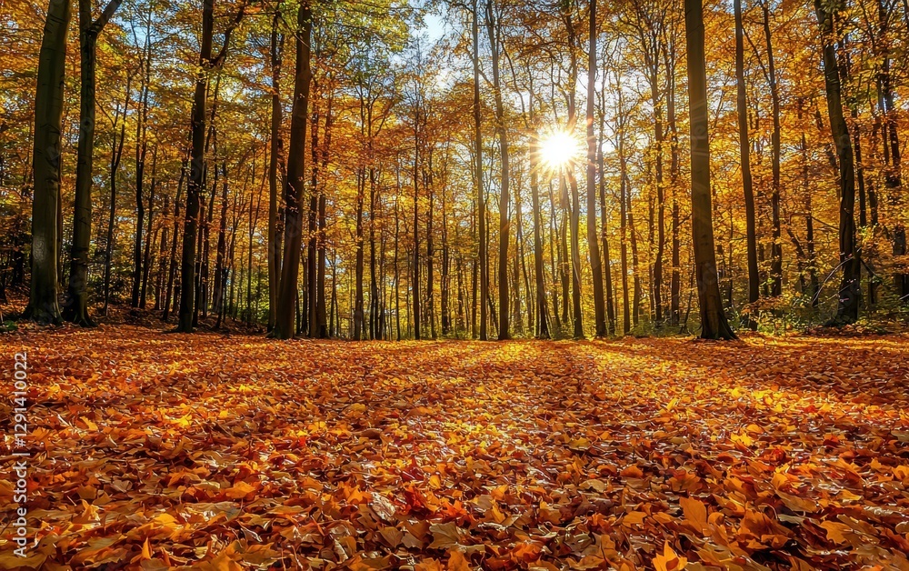 Obraz premium Gorgeous autumn forest with golden leaves covering the ground