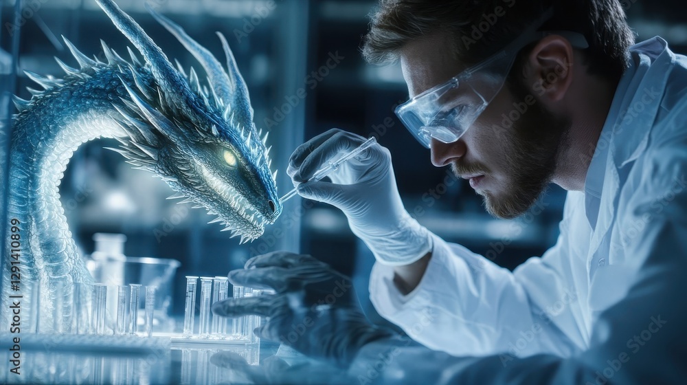A Scientist Works With A Dragon In A Laboratory Setting