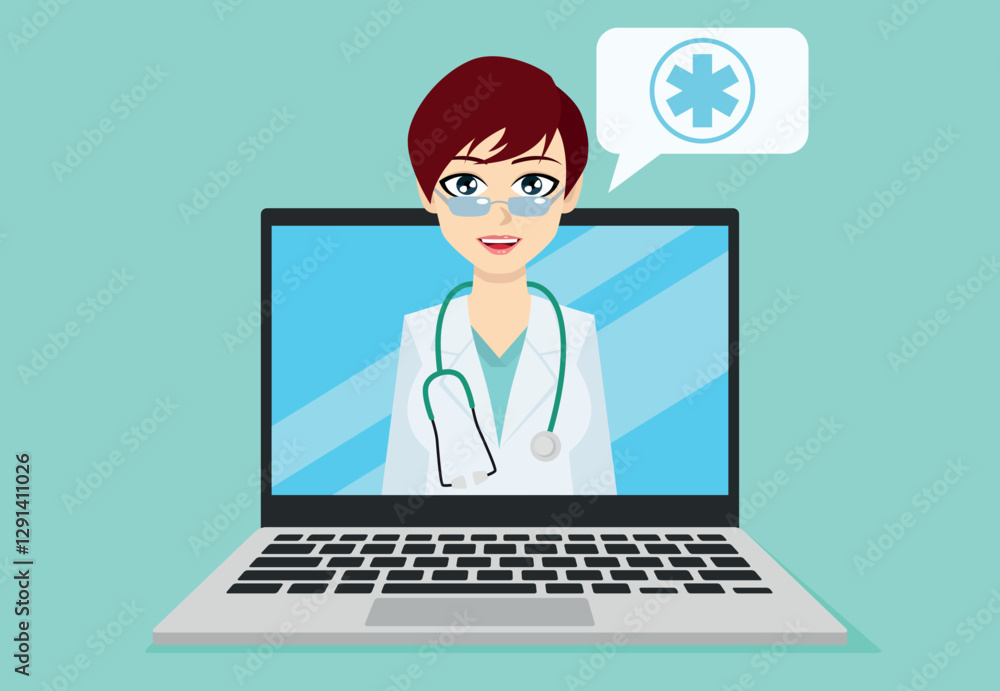 Female doctor on laptop screen. Smiling female doctor with short hair, glasses and a coat with a cloud and a medical icon. Flat design vector illustration. Female doctor on laptop screen. Smiling female doctor with short hair, glasses and a coat with a cloud and a medical icon. Flat design vector illustration.