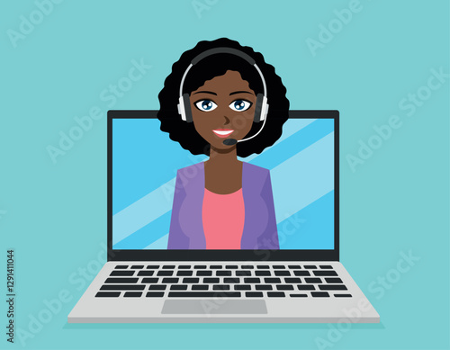A customer service representative is on the screen of an open and turned on laptop. She is wearing headphones with a microphone. She is smiling and talking to a customer. Flat design vector.