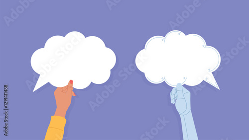 Hands holding conversation bubbles. One hand of a female worker holds a speech bubble, while the other hand is cyber ai. Human collaboration with ai. Flat design Vector illustration.