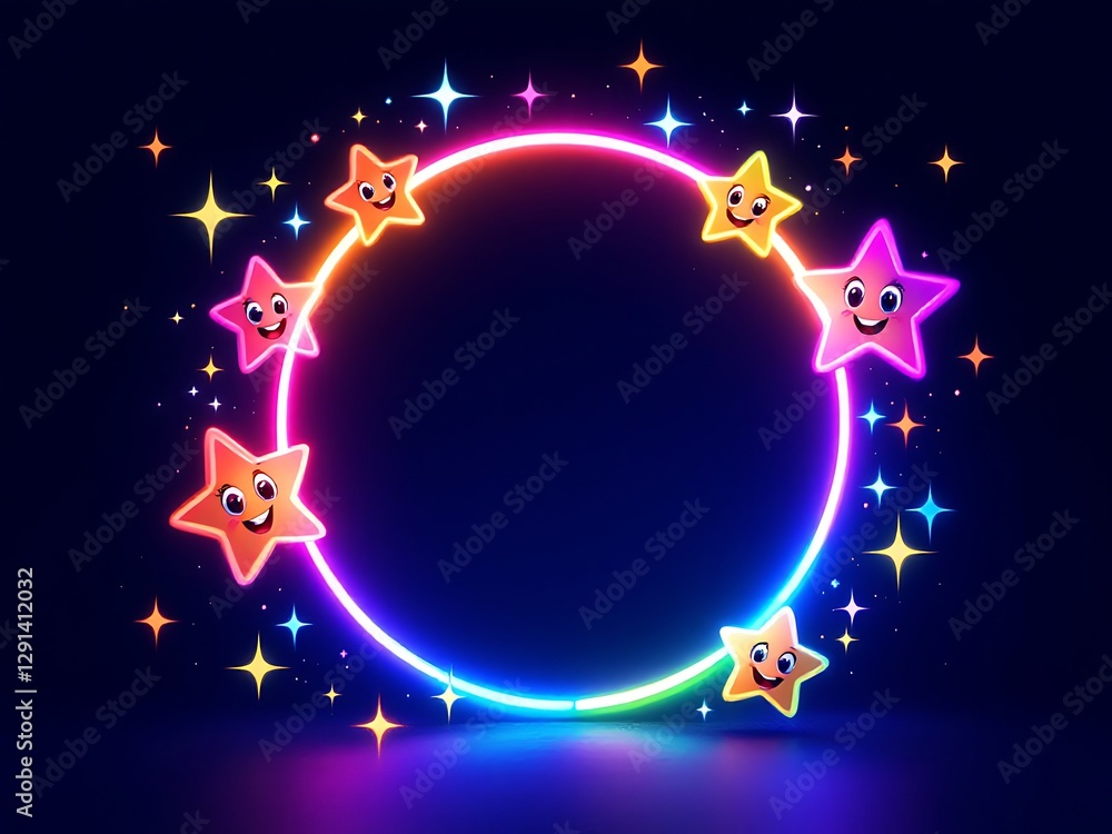 Naklejka premium Neon Stars Frame Cartoon Characters Festive Light Effects Celebration Background Design 93 Char