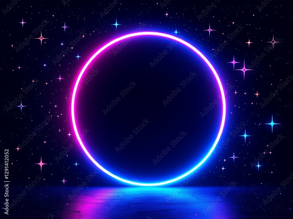 Obraz premium Neon Ring Portal in Galaxy with Dark Space Background and Reflected Floor for a Tech Event 2024