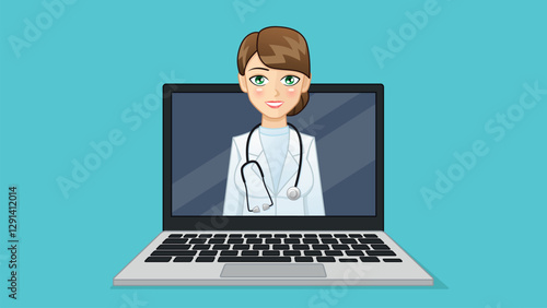 On the laptop screen there is a female doctor with brown hair, in a lab coat with a stethoscope. The figure is smiling and conducting an online consultation. Vector illustration.