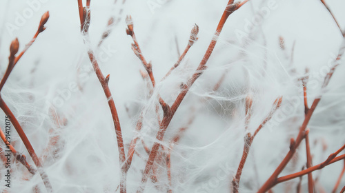 Nature's intricacy: spiderwebs and twigs in an ethereal background for creative design