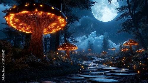 Wallpaper Mural Enchanted Forest Path: Glowing Mushrooms Under a Full Moon AI Generated Torontodigital.ca