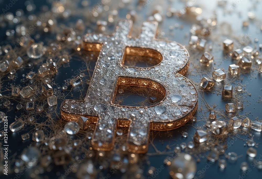 Golden Bitcoin Symbol On Dark Textured Surface Golden Bitcoin Symbol On Dark Textured Surface