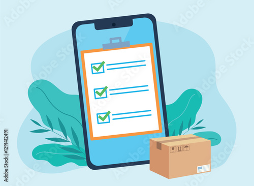 A checklist with marked items is displayed on the mobile phone screen. A package is lying in front of the phone. The data concerns the shipment and the order being processed. Flat design vector