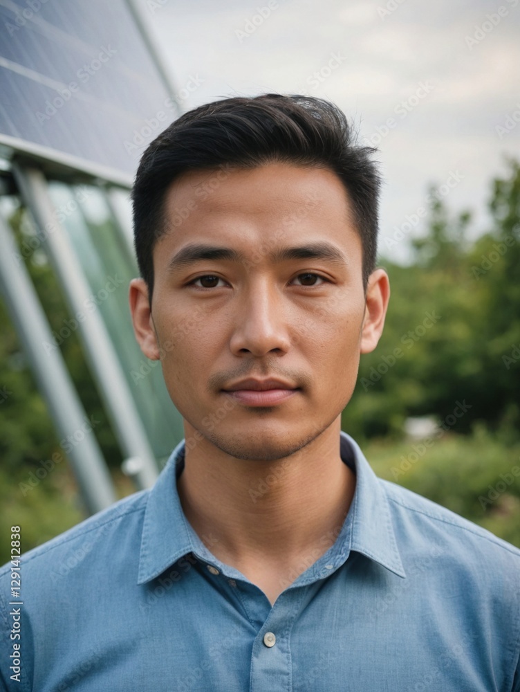 East Asian Male Renewable Energy Expert with Solar Installation Background, Determined Expression and Clean Energy Focus East Asian Male Renewable Energy Expert with Solar Installation Background, Determined Expression and Clean Energy Focus