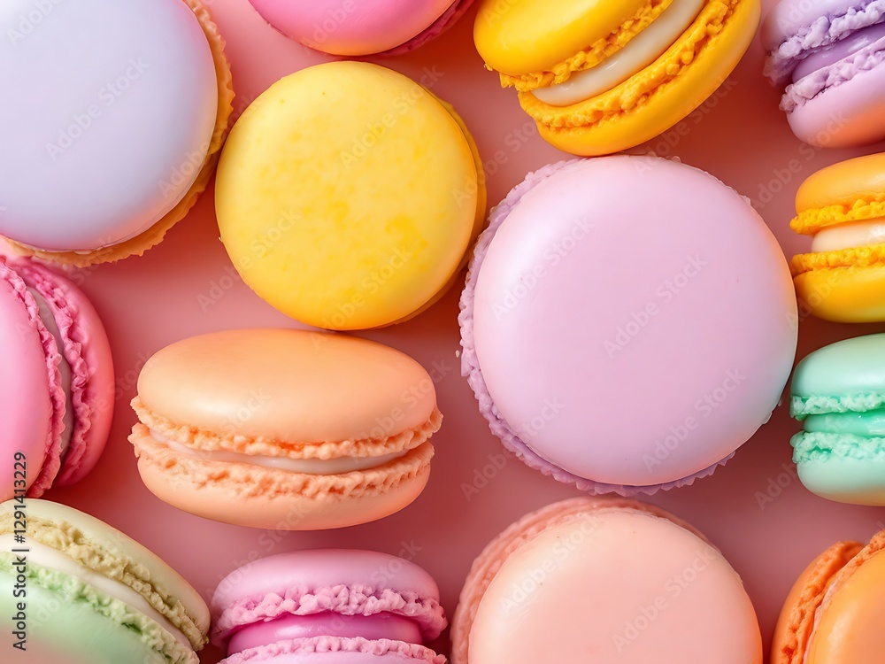 Obraz premium Pastel Macarons Delightful Sweet Treats Variety Colorful Food Photography Close Up Pink Backdrop
