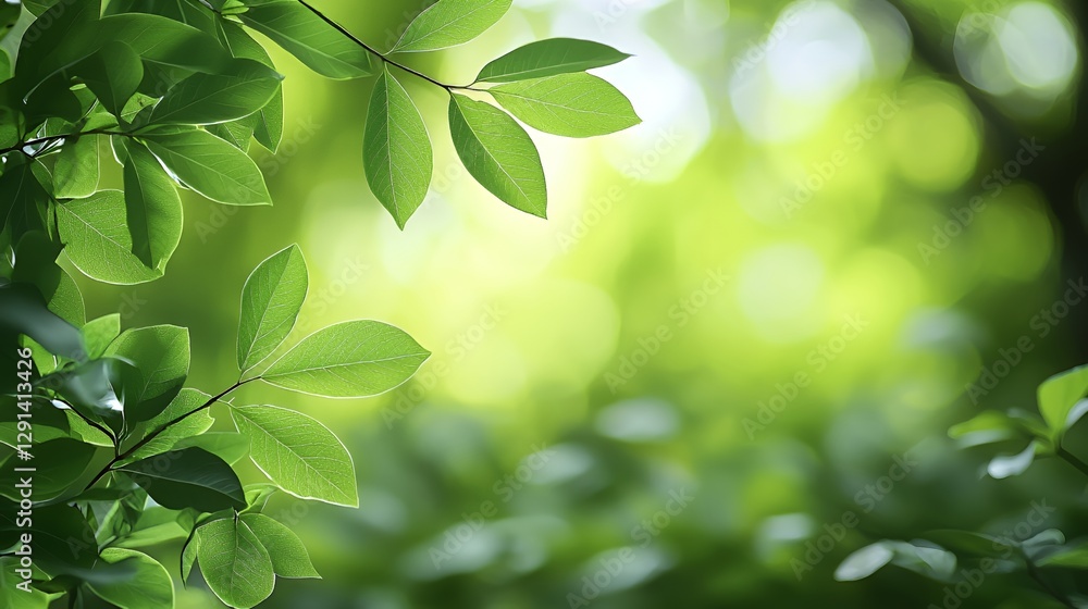 Lush Green Leaves with Dew Drops in Soft Sunlight Lush Green Leaves with Dew Drops in Soft Sunlight