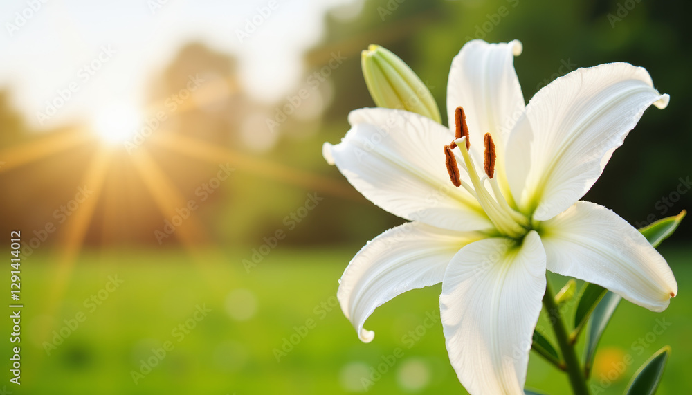 Fototapeta premium White lily in sunlight on a green meadow.