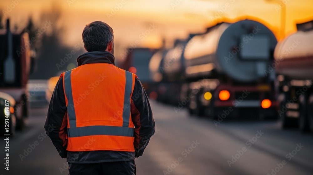 custom made wallpaper toronto digitalTruck driver in orange vest observes tankers on the road amidst blurred background environment