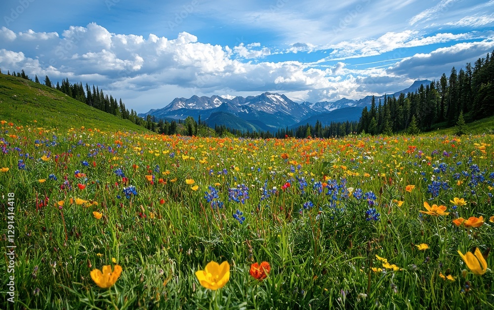 Fototapeta premium Vibrant wildflower meadow stretching toward distant mountains