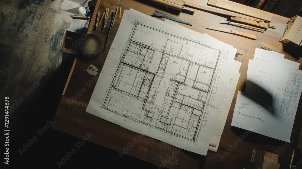 Fototapeta premium Blueprint of a house on the wooden desk next to tools