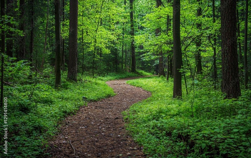 Fototapeta premium Winding forest path covered in fresh green leaves