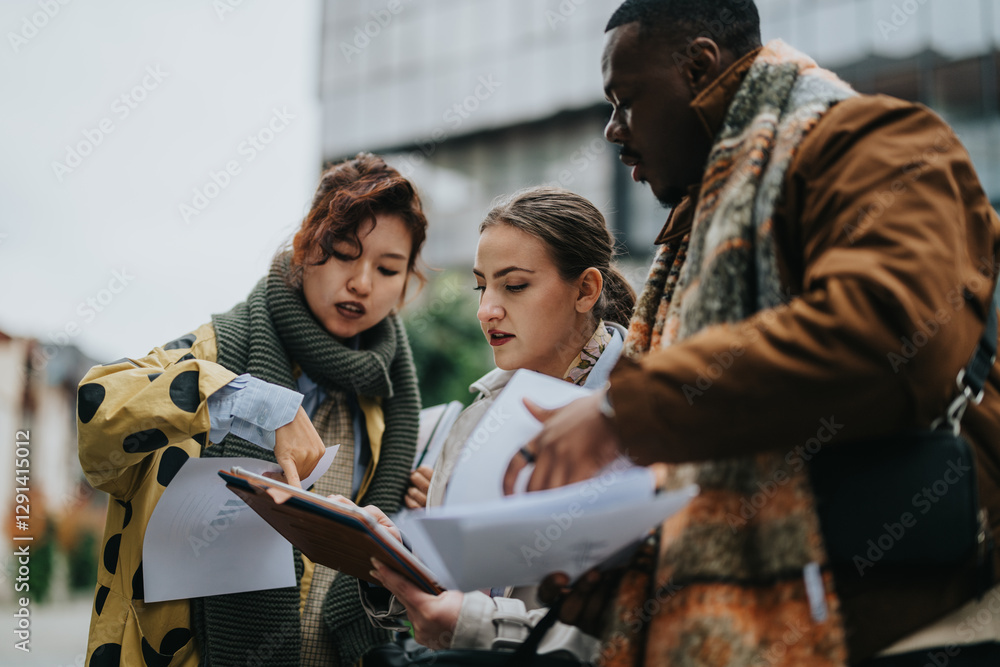Three multiracial people stand outdoors, collaborating as they discuss and analyze together, holding documents and focused, showcasing teamwork and communication in an urban setting. Three multiracial people stand outdoors, collaborating as they discuss and analyze together, holding documents and focused, showcasing teamwork and communication in an urban setting.