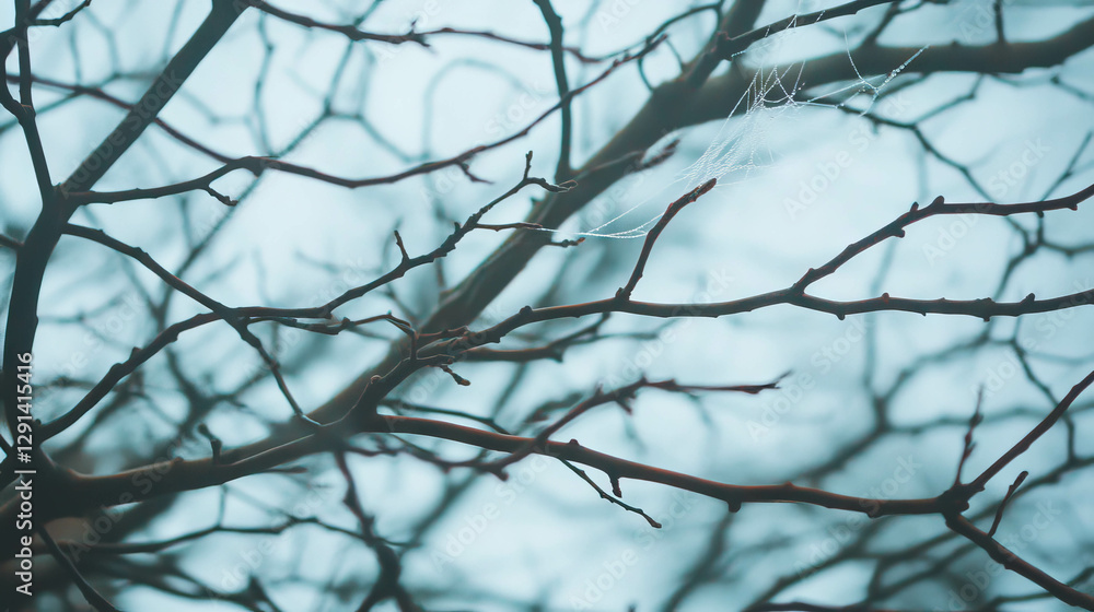 Delicate spiderweb on bare tree branches in tranquil nature scene Delicate spiderweb on bare tree branches in tranquil nature scene