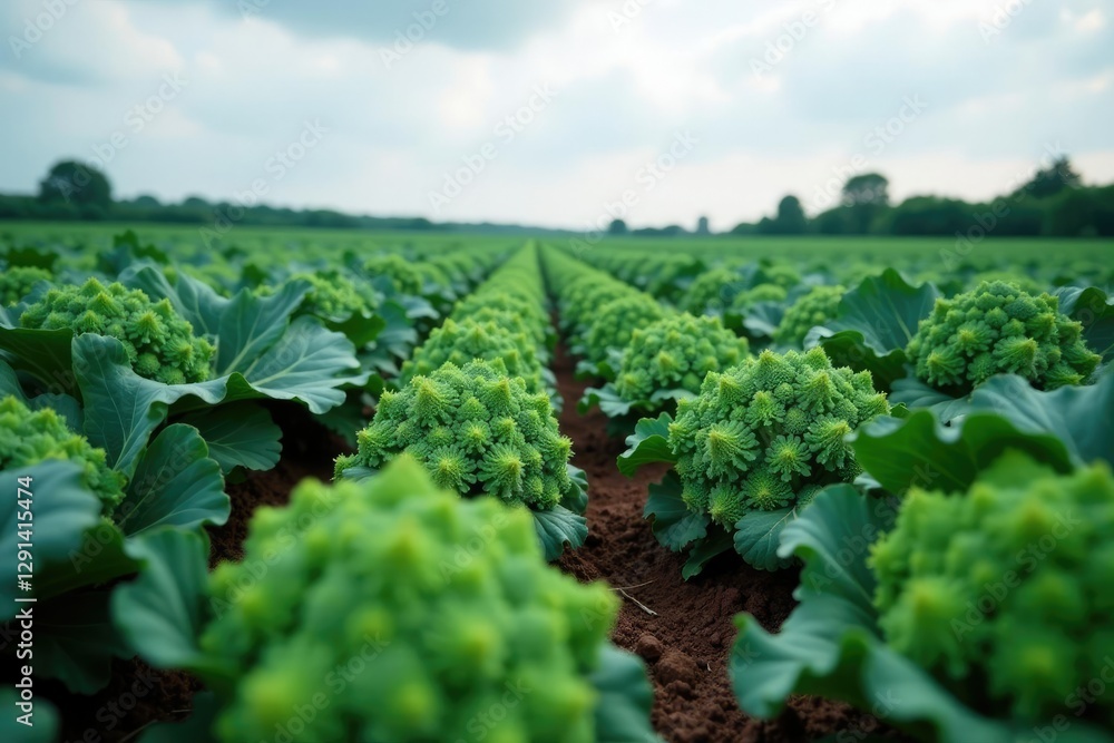 Row upon row of Romanesco broccoli plants under grey sky, crops, grey skies Row upon row of Romanesco broccoli plants under grey sky, crops, grey skies