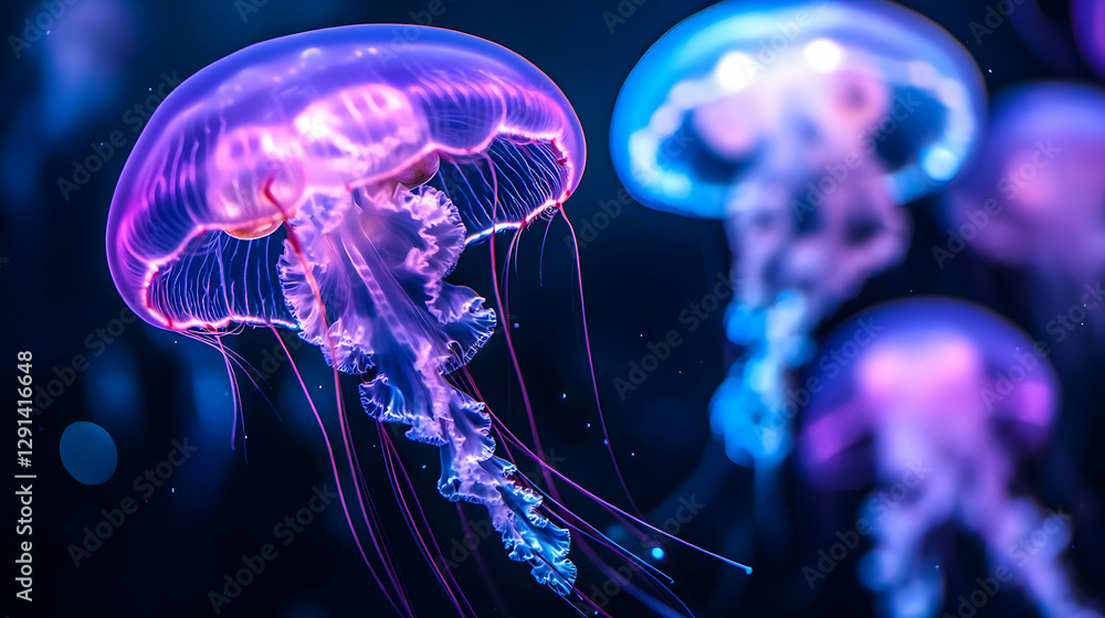Glowing bioluminescent jellyfish with translucent purple and blue hues floating in deep oceanic waters Glowing bioluminescent jellyfish with translucent purple and blue hues floating in deep oceanic waters