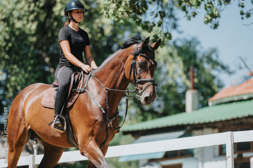 A young woman enjoys riding a horse during an outdoor equestrian training session on a sunny day. A young woman enjoys riding a horse during an outdoor equestrian training session on a sunny day.